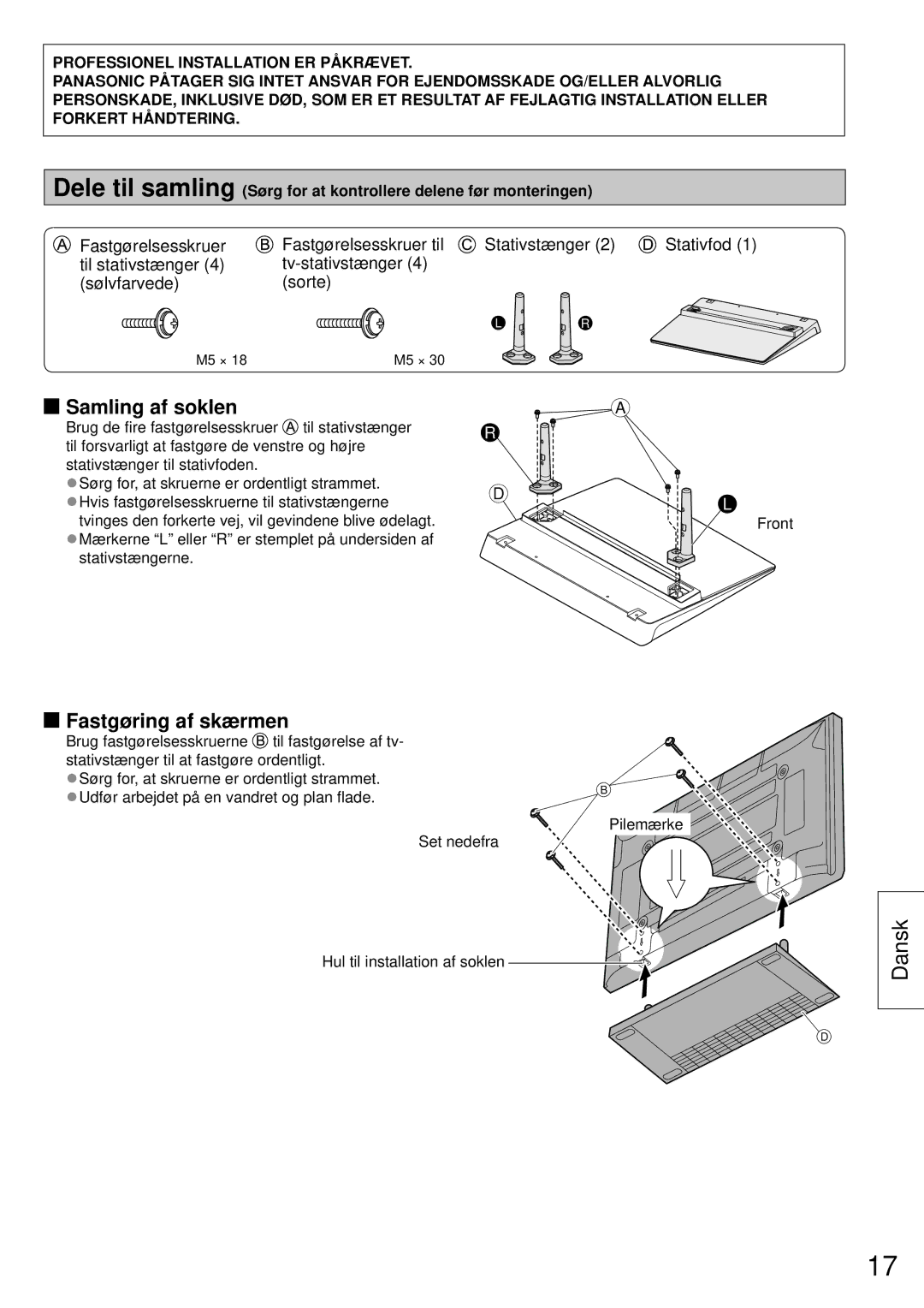 Panasonic TY-ST50VX100 installation instructions Samling af soklen, Fastgøring af skærmen 