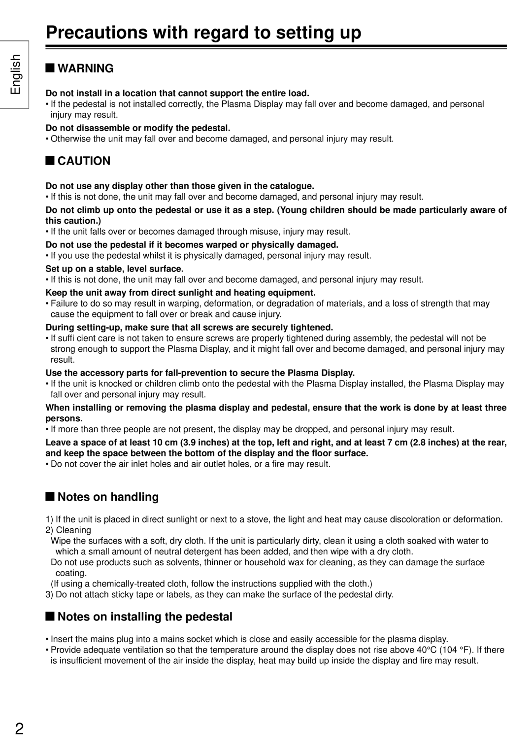 Panasonic TY-ST50VX100 Precautions with regard to setting up, Do not disassemble or modify the pedestal 