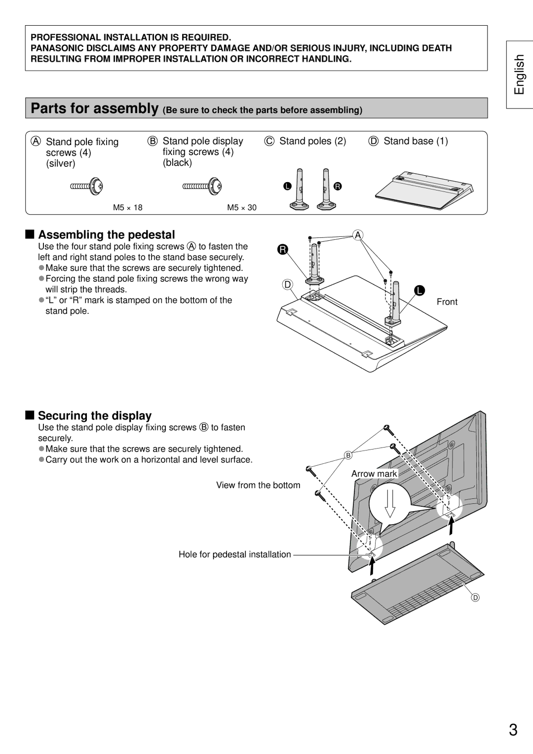 Panasonic TY-ST50VX100 installation instructions Assembling the pedestal, Securing the display 