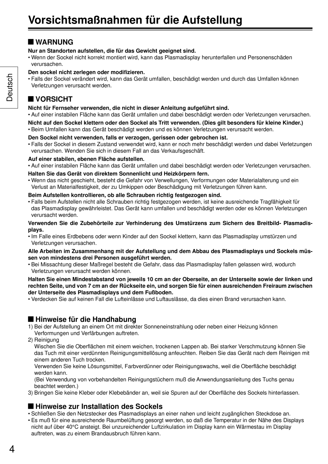 Panasonic TY-ST50VX100 Vorsichtsmaßnahmen für die Aufstellung, Warnung, Hinweise für die Handhabung 