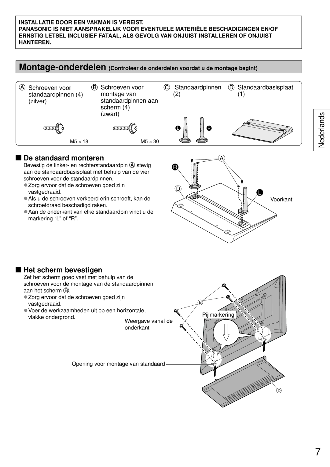 Panasonic TY-ST50VX100 installation instructions De standaard monteren, Het scherm bevestigen 