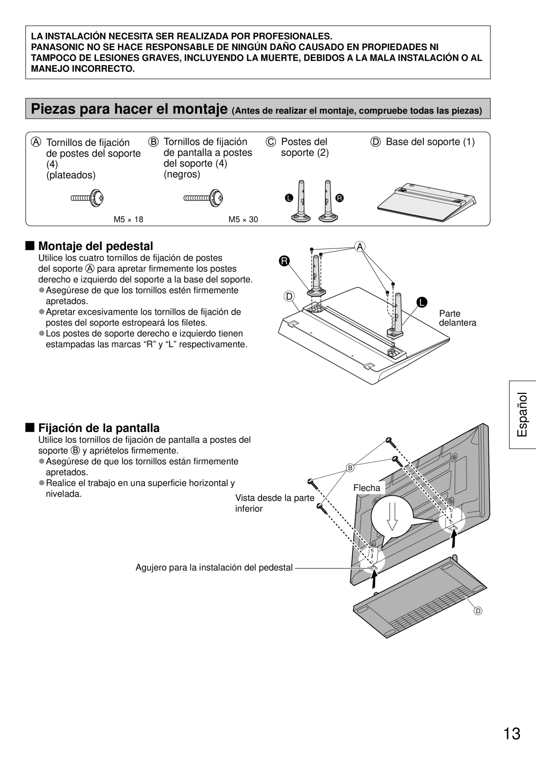 Panasonic TY-ST50VX100 installation instructions Montaje del pedestal, Fijación de la pantalla, Español 