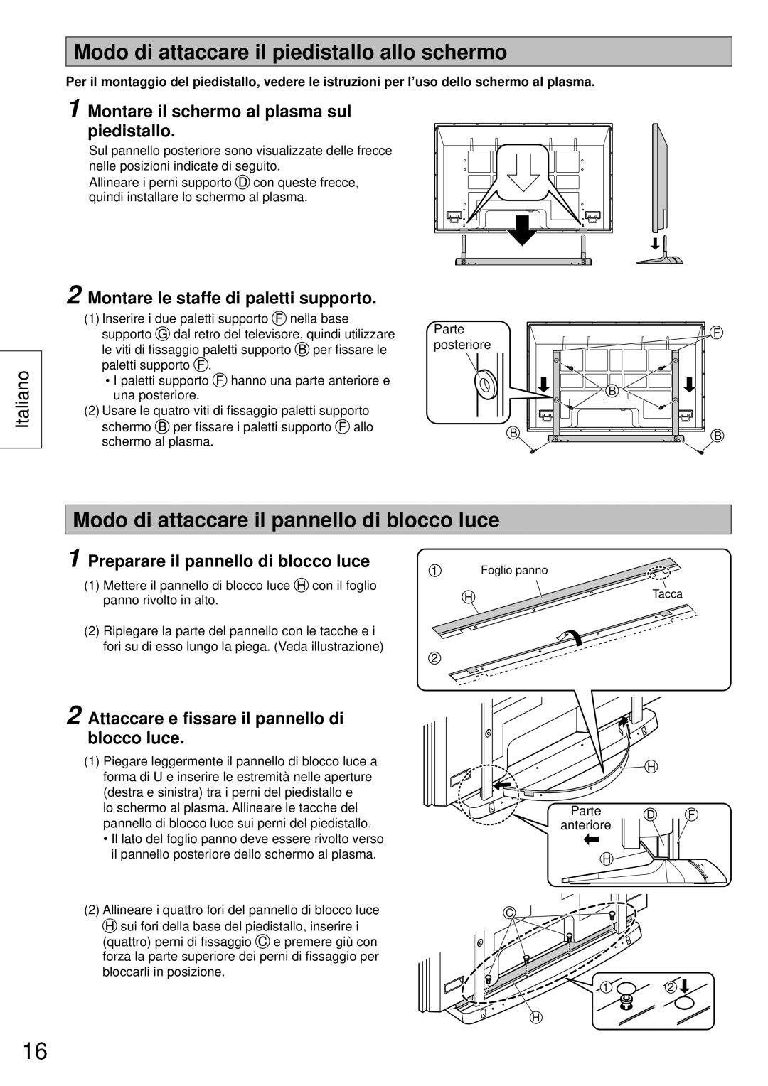 Panasonic TY-ST65VX100 Modo di attaccare il piedistallo allo schermo, Modo di attaccare il pannello di blocco luce 