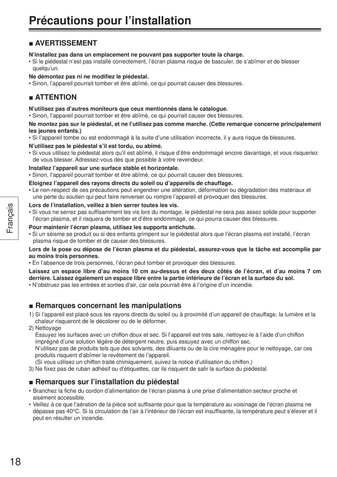 Panasonic TY-ST65VX100 Précautions pour l’installation, Avertissement, Remarques concernant les manipulations 