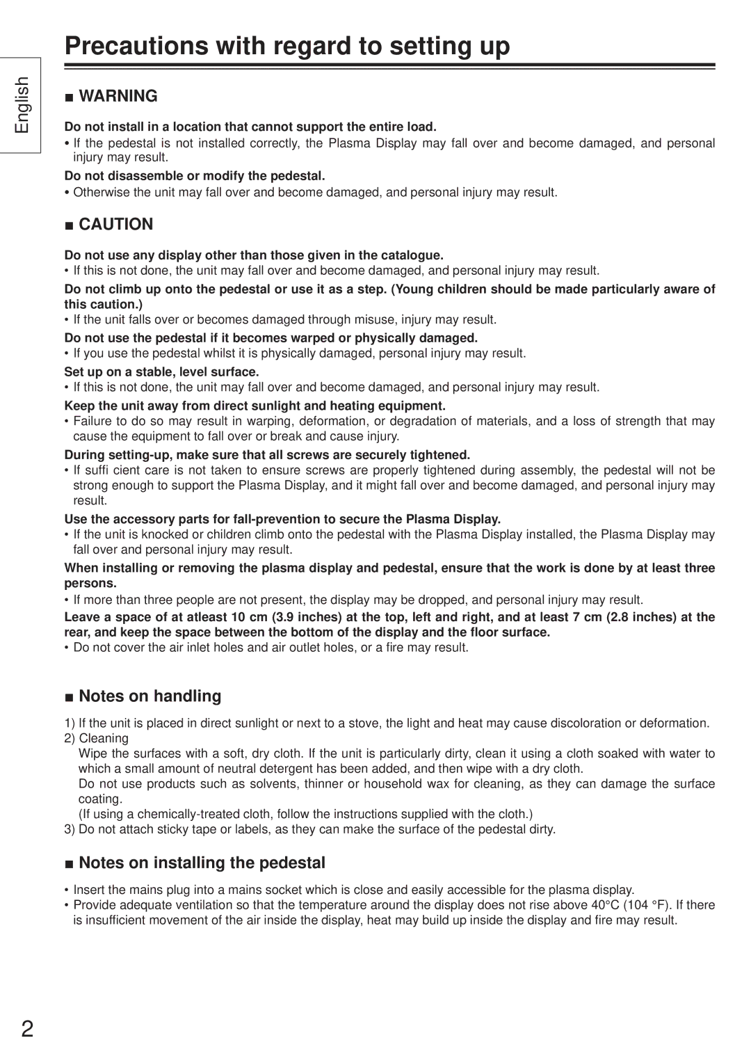 Panasonic TY-ST65VX100 Precautions with regard to setting up, Do not disassemble or modify the pedestal 