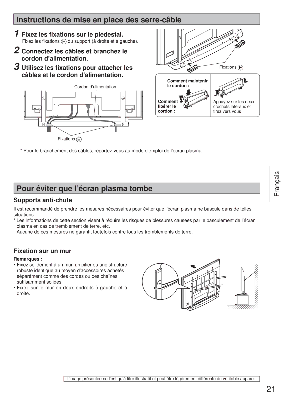 Panasonic TY-ST65VX100 Instructions de mise en place des serre-câble, Pour éviter que l’écran plasma tombe 