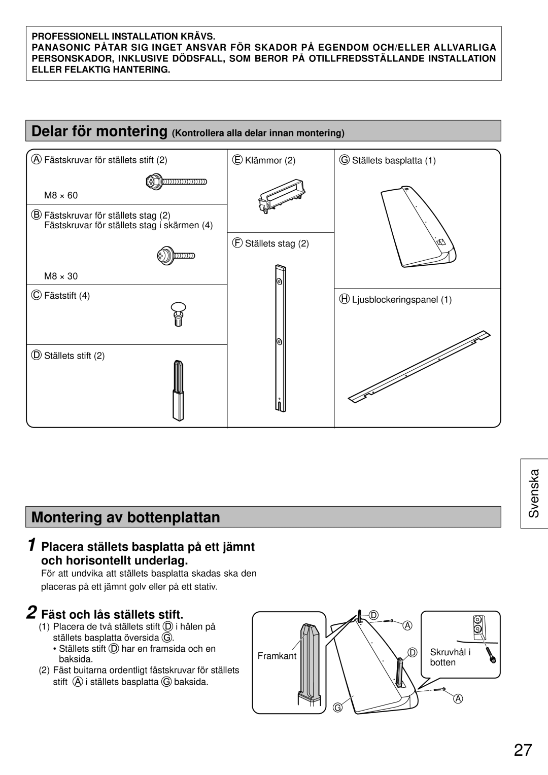 Panasonic TY-ST65VX100 installation instructions Montering av bottenplattan, Fäst och lås ställets stift 