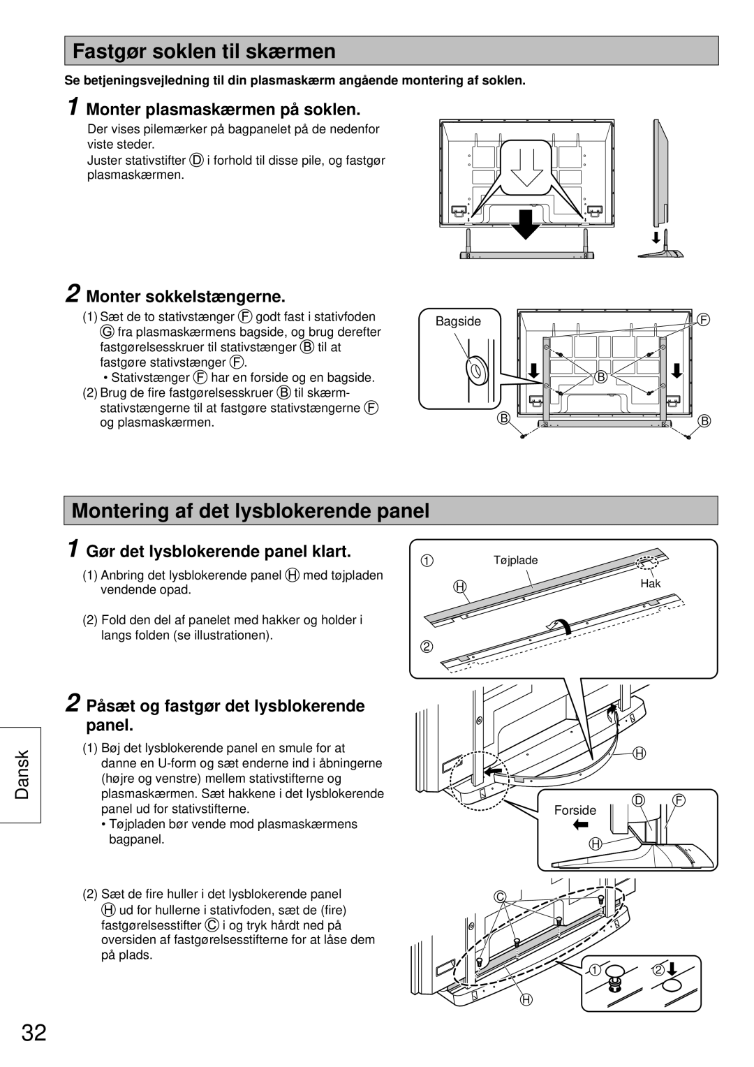 Panasonic TY-ST65VX100 installation instructions Fastgør soklen til skærmen, Montering af det lysblokerende panel 