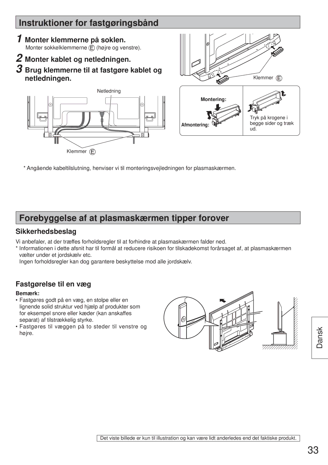 Panasonic TY-ST65VX100 Instruktioner for fastgøringsbånd, Forebyggelse af at plasmaskærmen tipper forover 