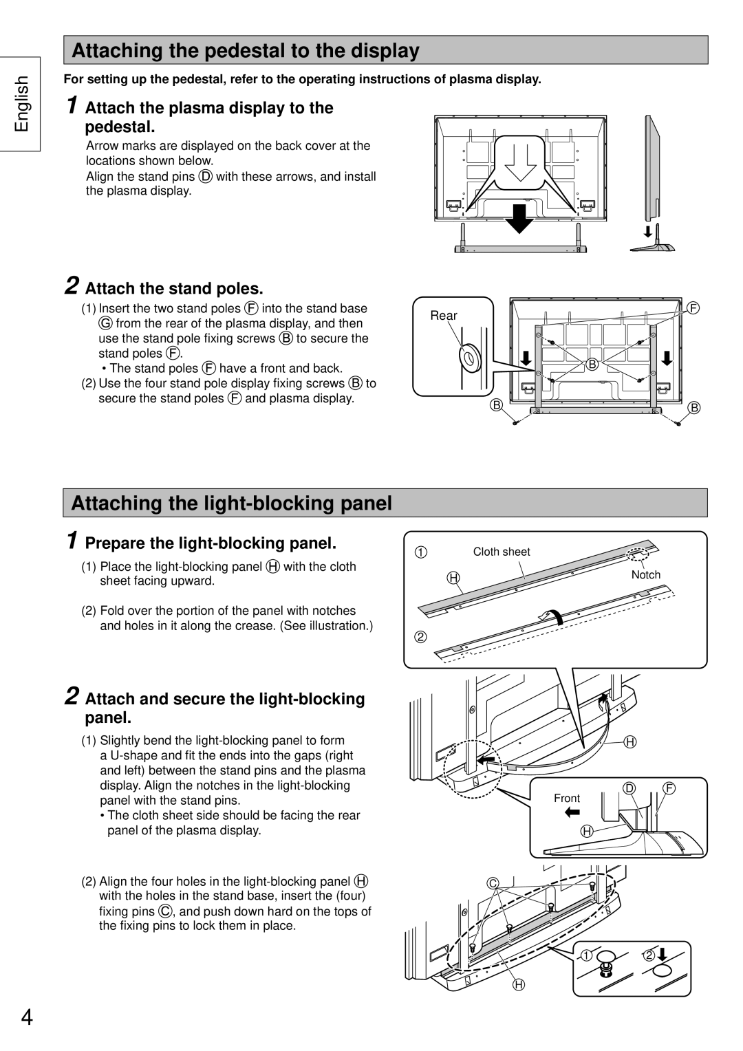 Panasonic TY-ST65VX100 installation instructions Attaching the pedestal to the display, Attaching the light-blocking panel 