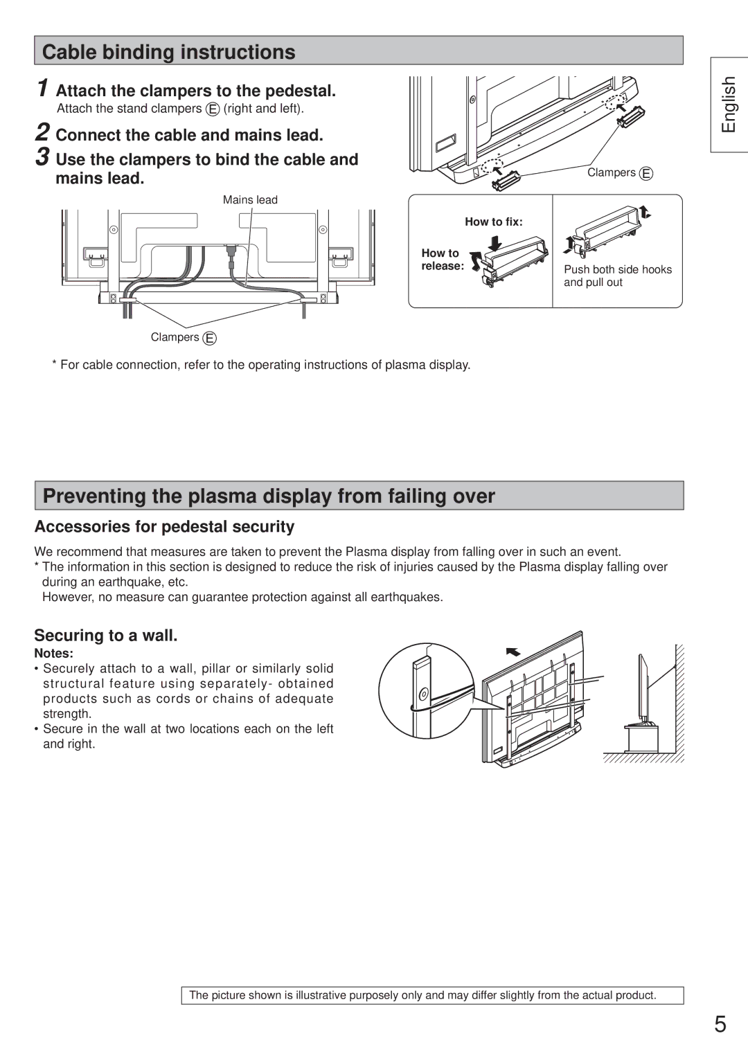 Panasonic TY-ST65VX100 Cable binding instructions, Preventing the plasma display from failing over, Securing to a wall 