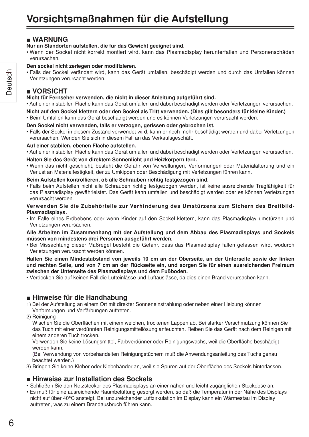 Panasonic TY-ST65VX100 Vorsichtsmaßnahmen für die Aufstellung, Warnung, Hinweise für die Handhabung 