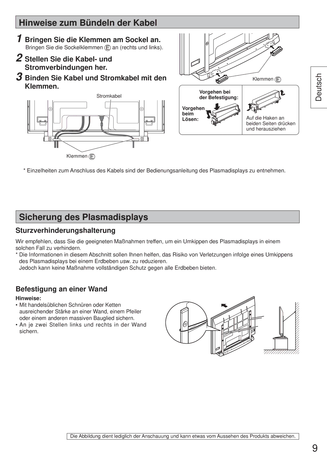 Panasonic TY-ST65VX100 Hinweise zum Bündeln der Kabel, Sicherung des Plasmadisplays, Bringen Sie die Klemmen am Sockel an 