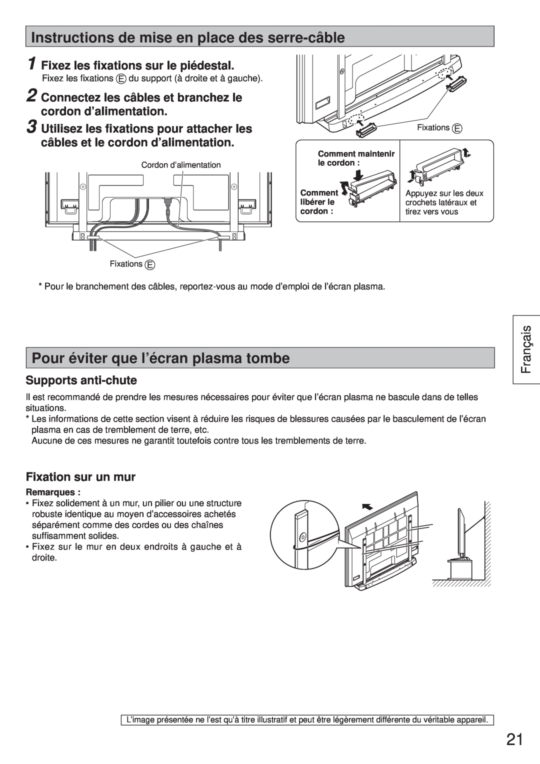 Panasonic TY-ST65VX100 Instructions de mise en place des serre-câble, Pour éviter que l’écran plasma tombe, Français 
