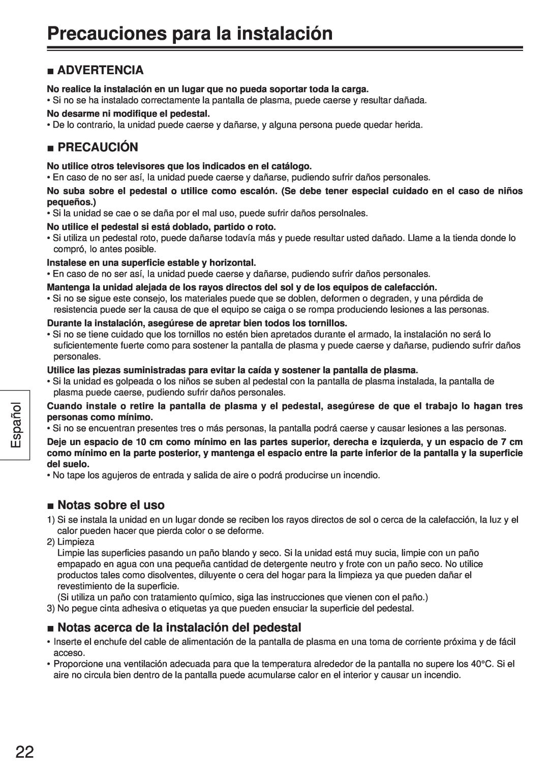 Panasonic TY-ST65VX100 Precauciones para la instalación, Español, Advertencia, Precaución, Notas sobre el uso 