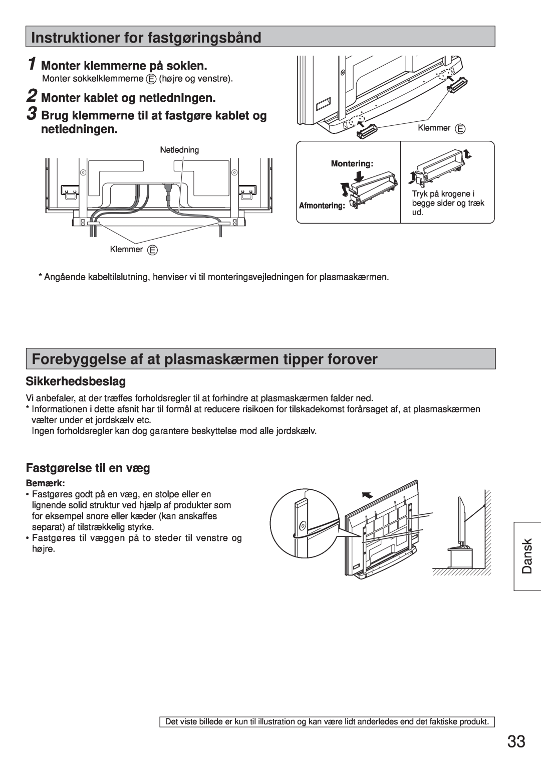 Panasonic TY-ST65VX100 Instruktioner for fastgøringsbånd, Forebyggelse af at plasmaskærmen tipper forover, Dansk 