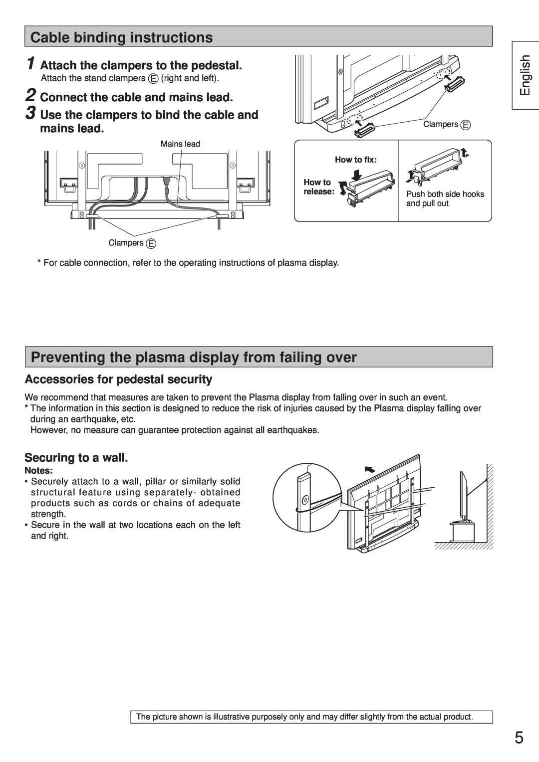 Panasonic TY-ST65VX100 Cable binding instructions, Preventing the plasma display from failing over, Securing to a wall 