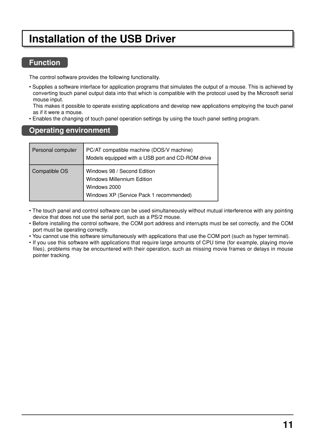 Panasonic TY-TP42P6-S, TY-TP50P6-S manual Installation of the USB Driver, Function, Operating environment 