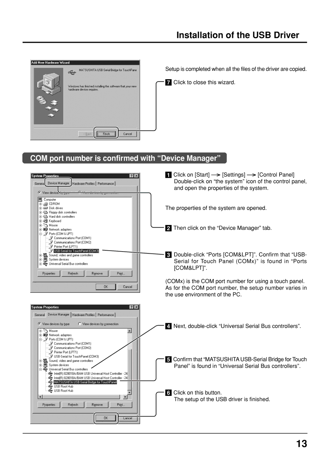 Panasonic TY-TP42P6-S, TY-TP50P6-S manual Installation of the USB Driver, COM port number is confirmed with Device Manager 