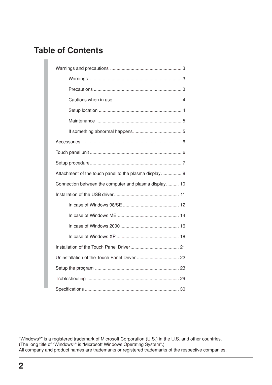 Panasonic TY-TP50P6-S, TY-TP42P6-S manual Table of Contents 