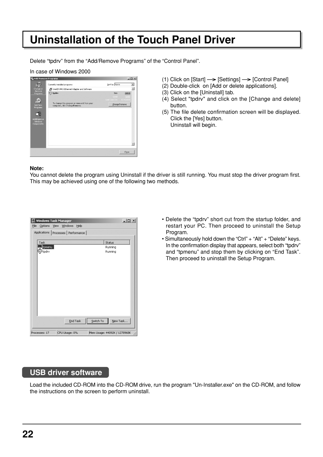 Panasonic TY-TP50P6-S, TY-TP42P6-S manual Uninstallation of the Touch Panel Driver, USB driver software 