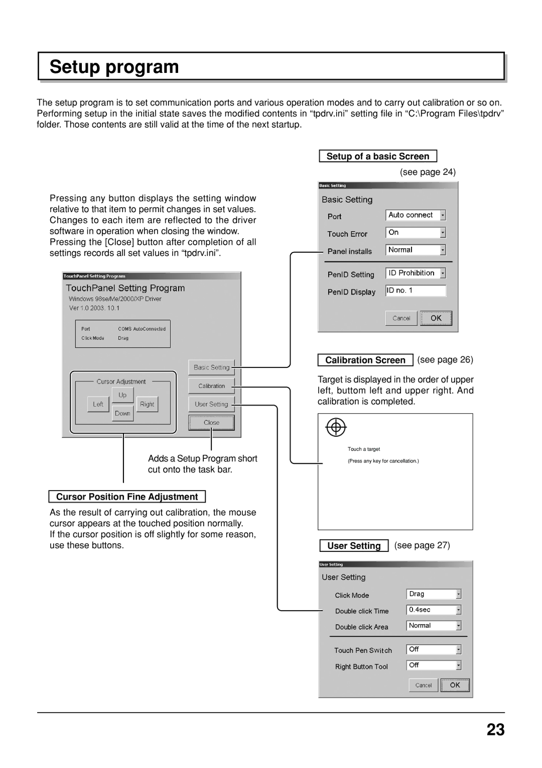 Panasonic TY-TP42P6-S Setup program, Setup of a basic Screen, Cursor Position Fine Adjustment, Calibration Screen see 