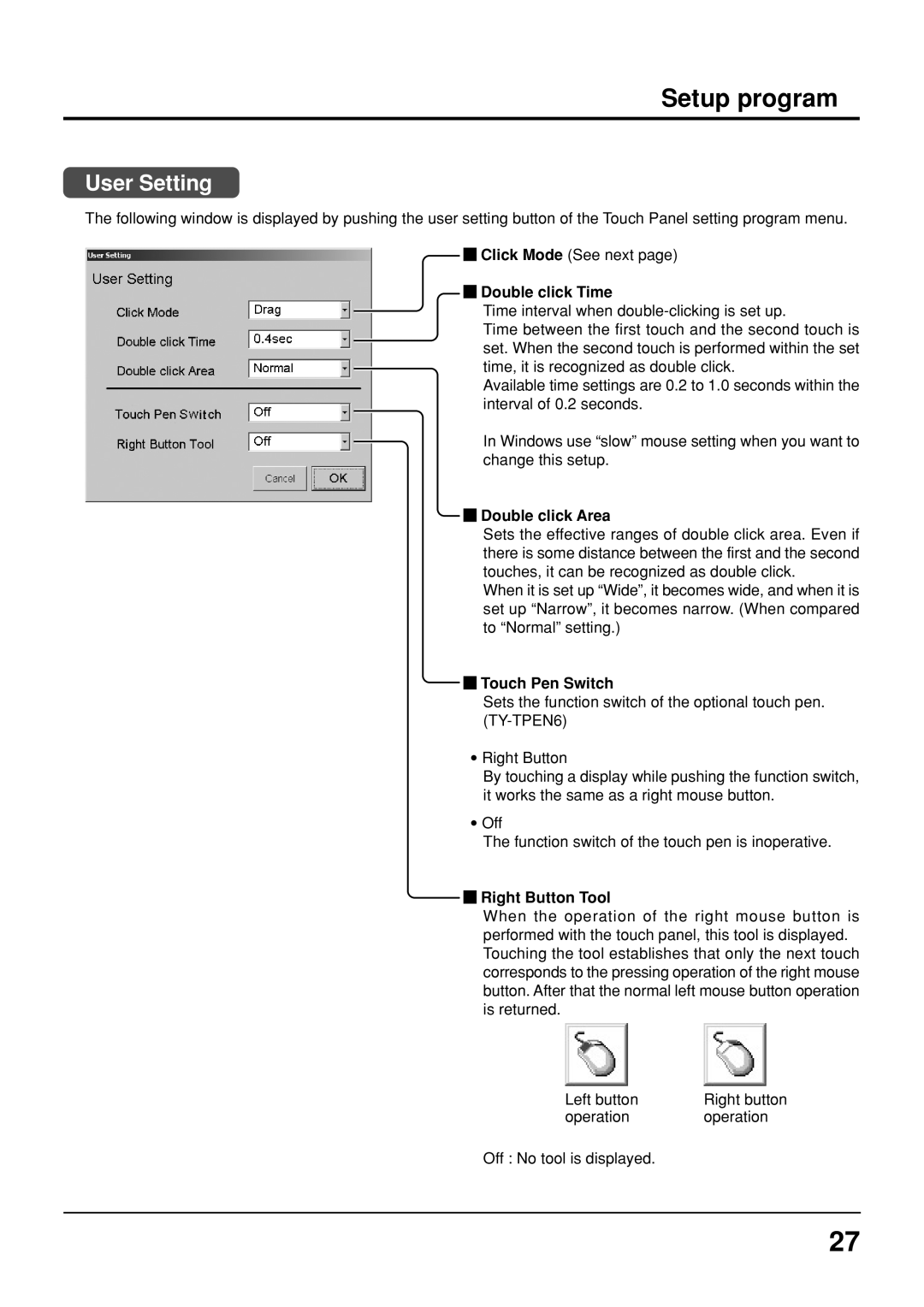 Panasonic TY-TP42P6-S, TY-TP50P6-S User Setting, Double click Time, Double click Area, Touch Pen Switch, Right Button Tool 