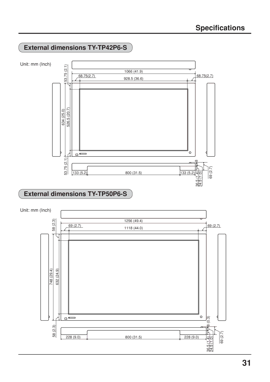 Panasonic manual External dimensions TY-TP42P6-S, External dimensions TY-TP50P6-S 