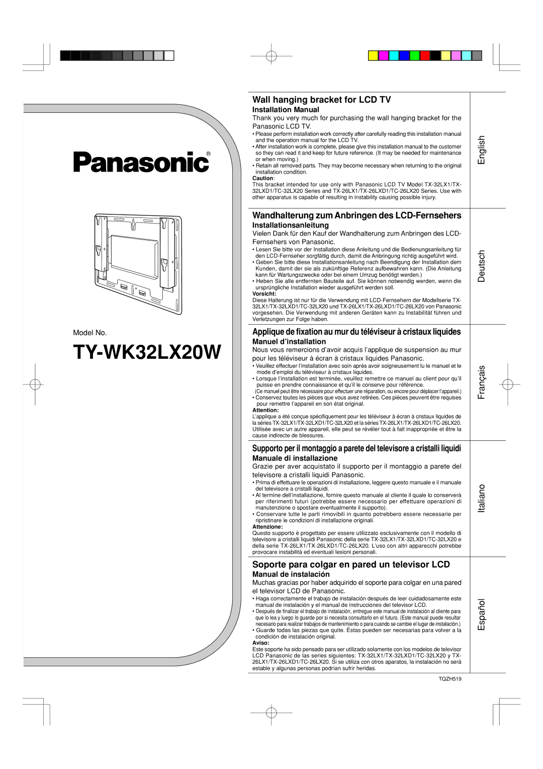 Panasonic TY-WK32LX20W installation manual Installation Manual, Installationsanleitung, Manuale di installazione 