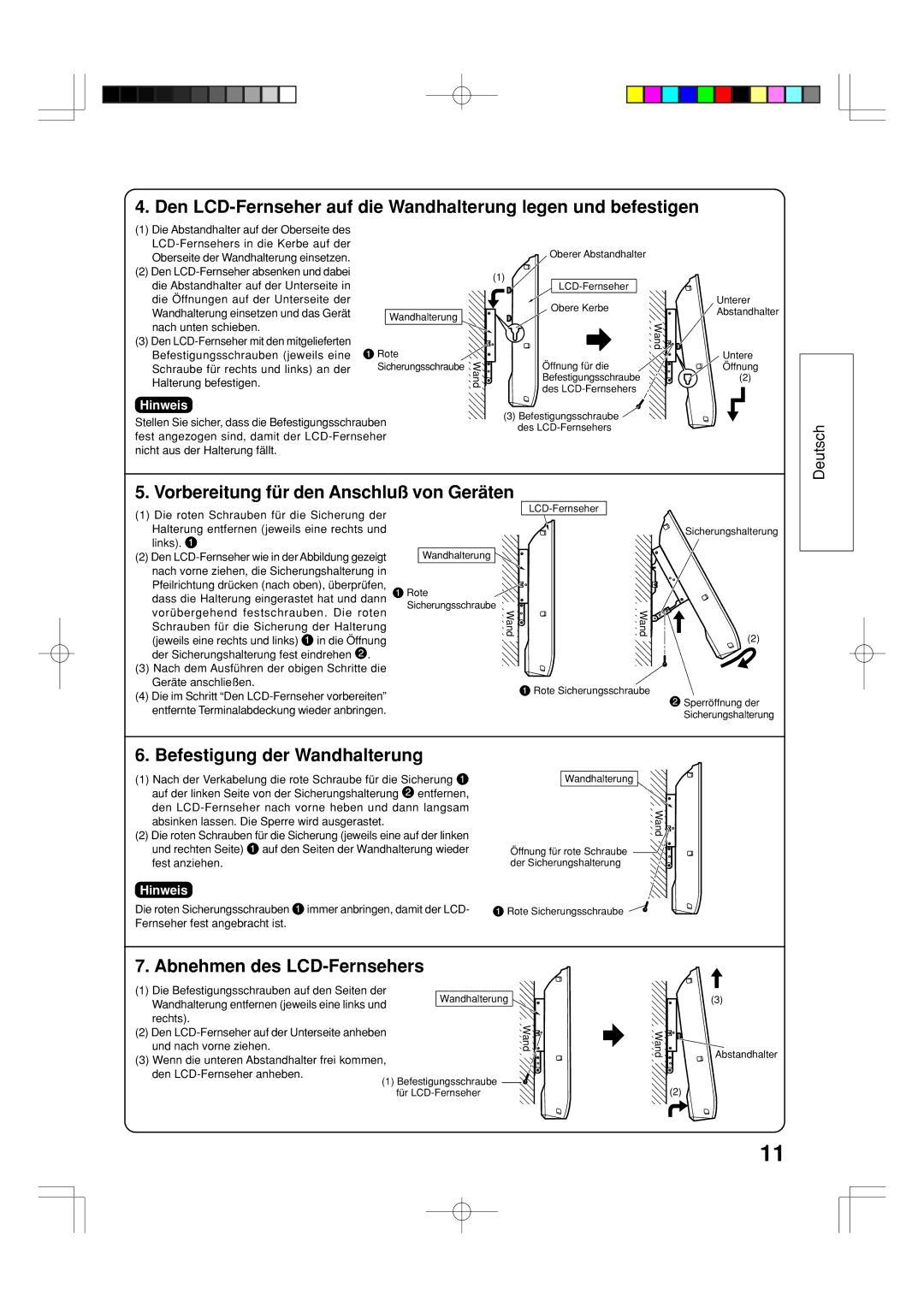 Panasonic TY-WK32LX20W installation manual Vorbereitung für den Anschluß von Geräten, Befestigung der Wandhalterung 