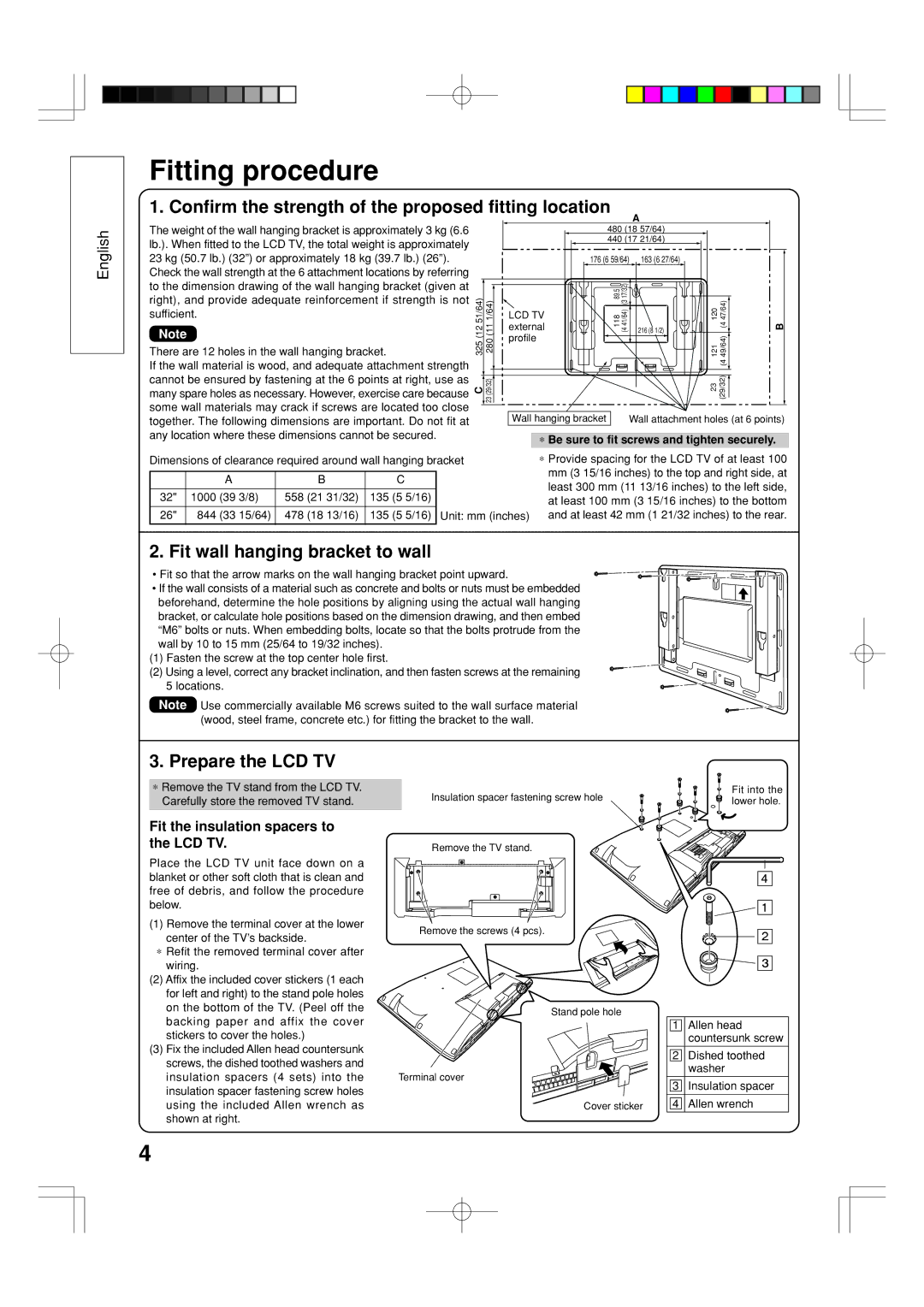 Panasonic TY-WK32LX20W installation manual Fitting procedure, Fit wall hanging bracket to wall, Prepare the LCD TV 