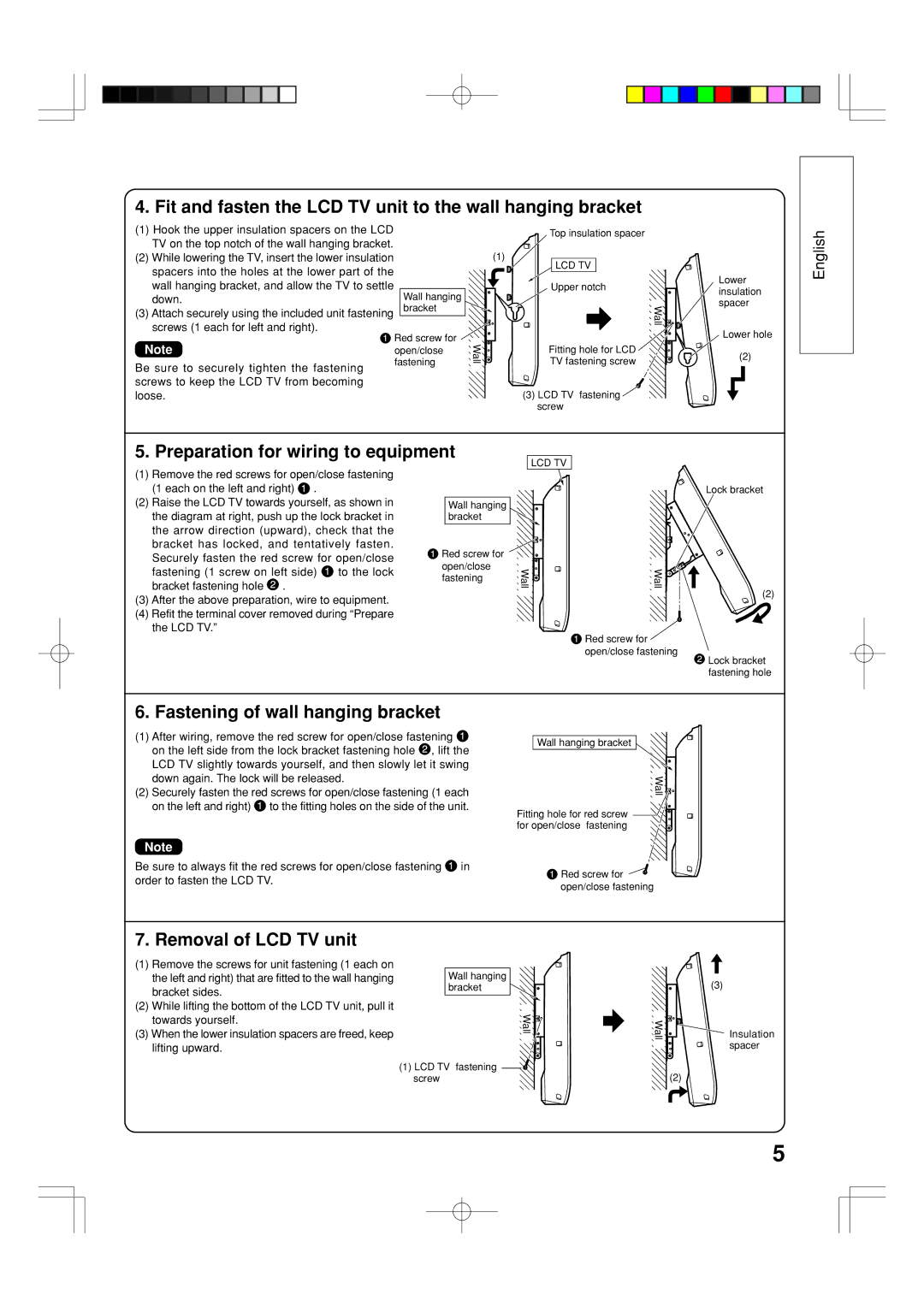 Panasonic TY-WK32LX20W Fit and fasten the LCD TV unit to the wall hanging bracket, Preparation for wiring to equipment 