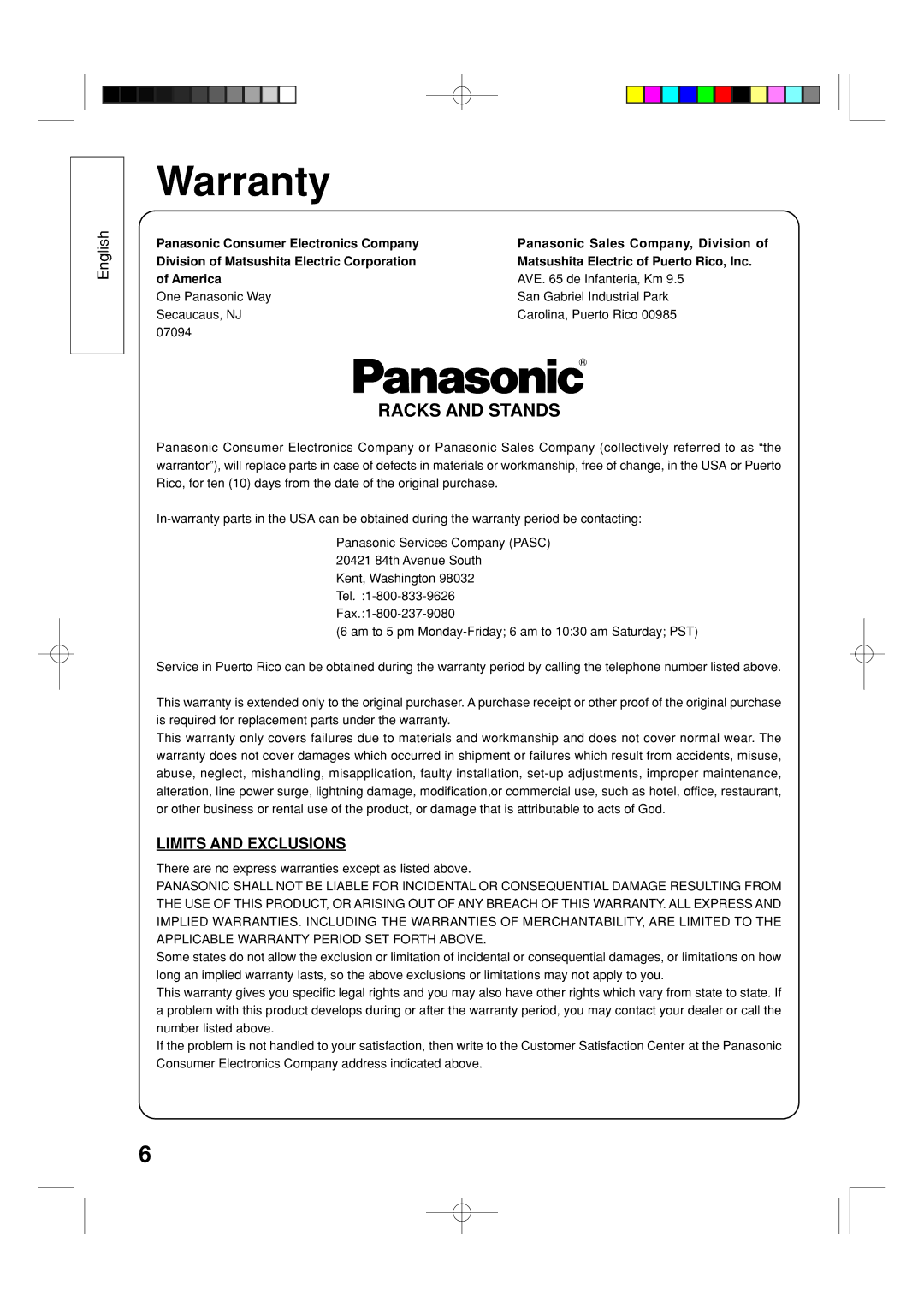 Panasonic TY-WK32LX20W installation manual Warranty 