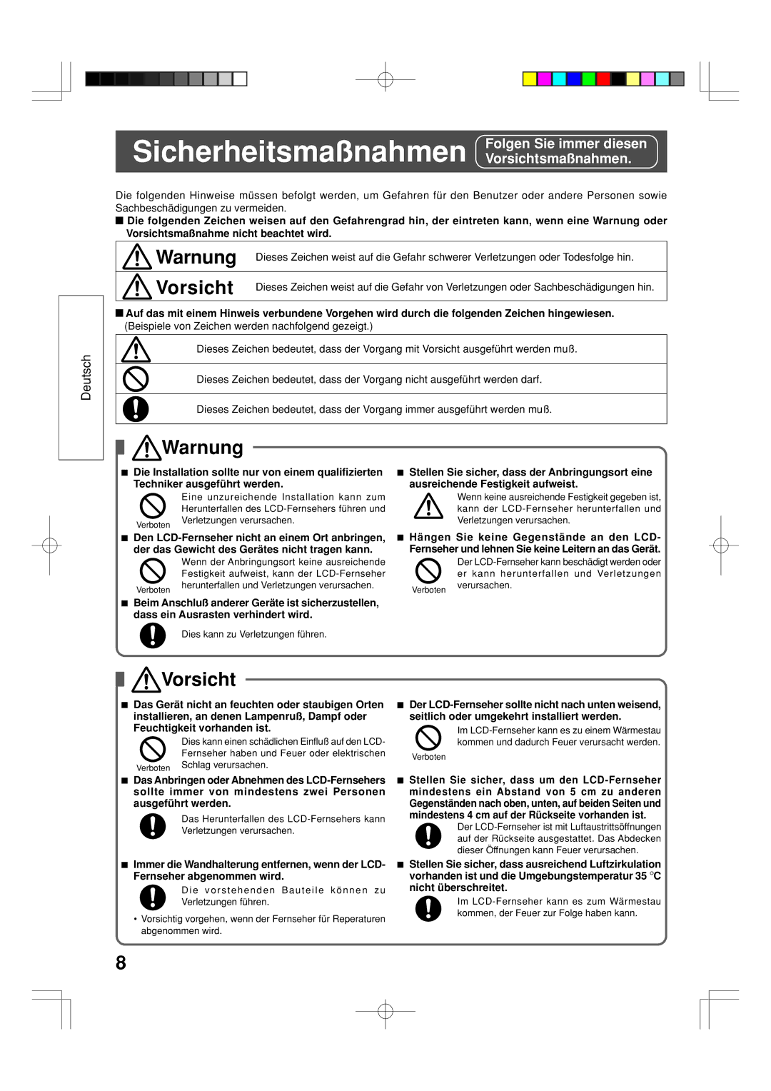 Panasonic TY-WK32LX20W installation manual Sicherheitsmaßnahmen, Warnung, Folgen Sie immer diesen Vorsichtsmaßnahmen 