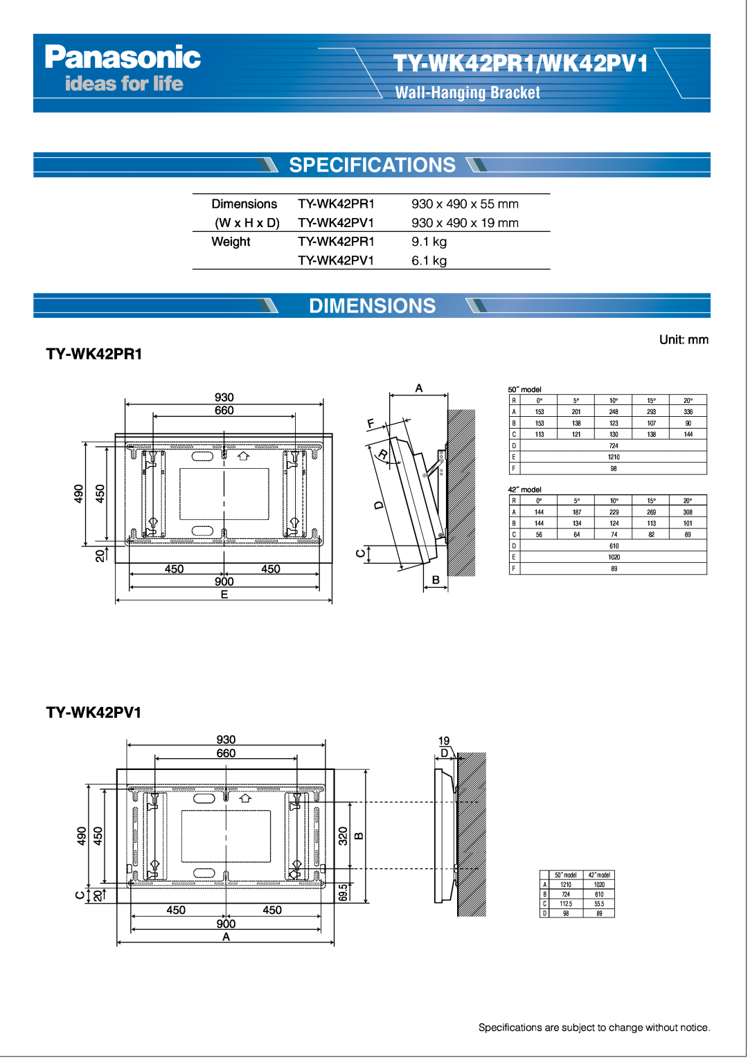 Panasonic specifications TY-WK42PR1/WK42PV1, Specifications, Dimensions, Wall-Hanging Bracket, TY-WK42PV1 