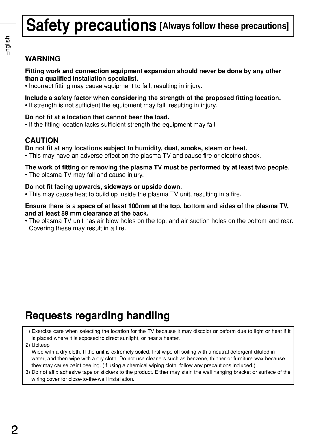 Panasonic TY-WK42PR2W manual Requests regarding handling, Safety precautions Always follow these precautions 