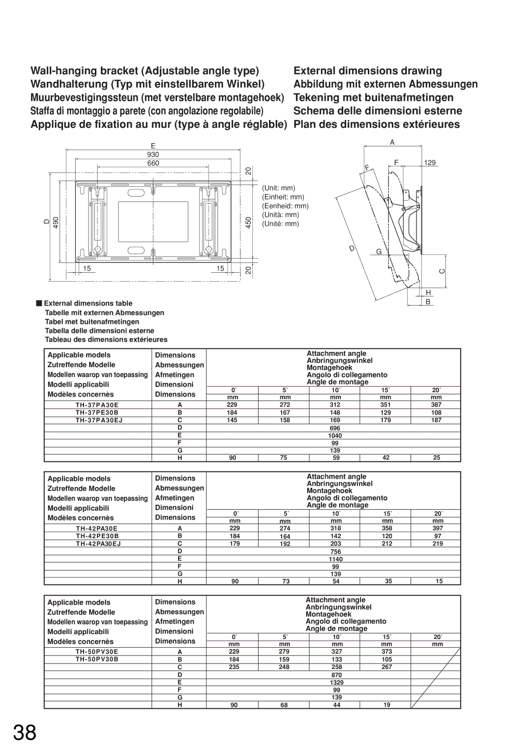 Panasonic TY-WK42PR2W manual Modèles concernès Dimensions 