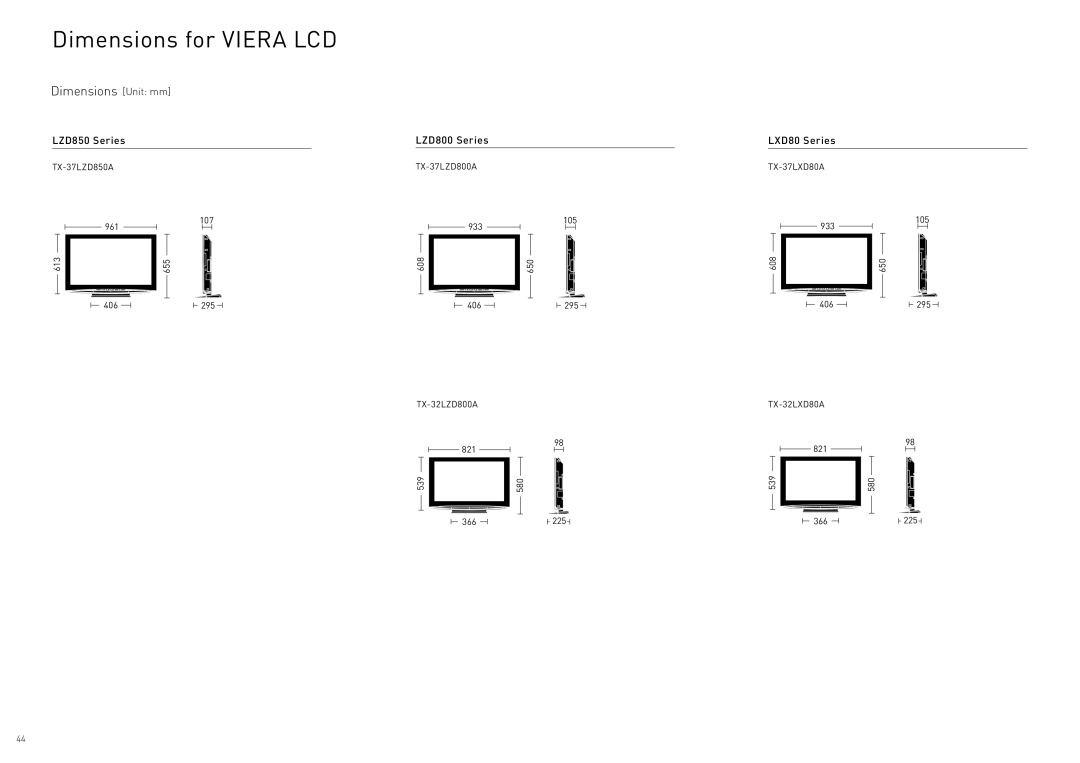 Panasonic TY-WK42PR4W manual Dimensions for Viera LCD 