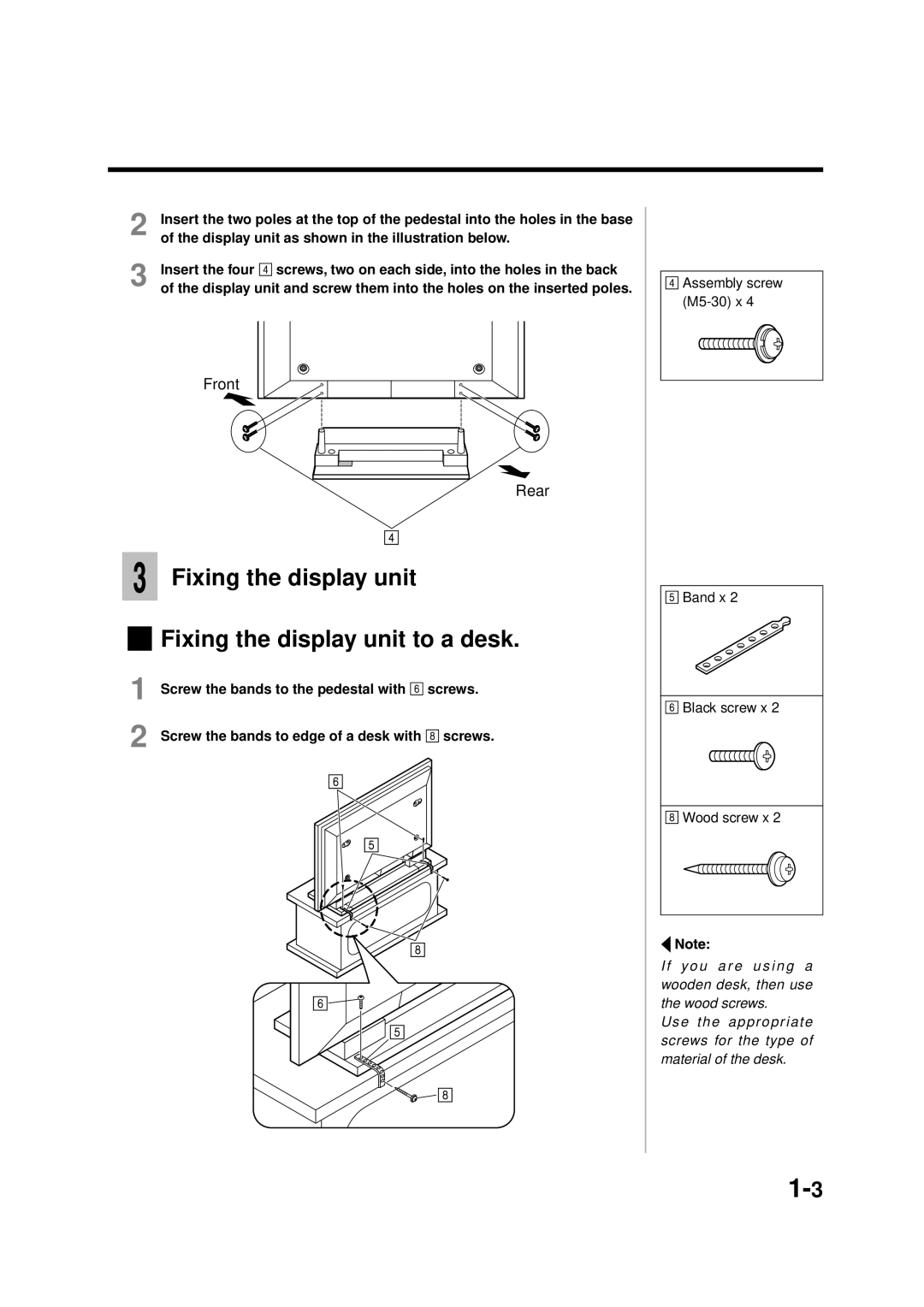 Panasonic TY-ST42PT3K, TY-WK42PV1, TY-WK42PR1 manual Fixing the display unit Fixing the display unit to a desk, Front, Rear 