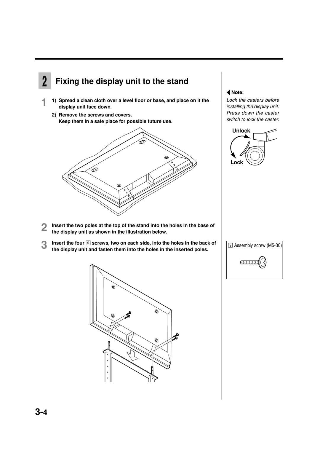 Panasonic TY-SP42PM3W, TY-WK42PV1 Fixing the display unit to the stand, Display unit as shown in the illustration below 