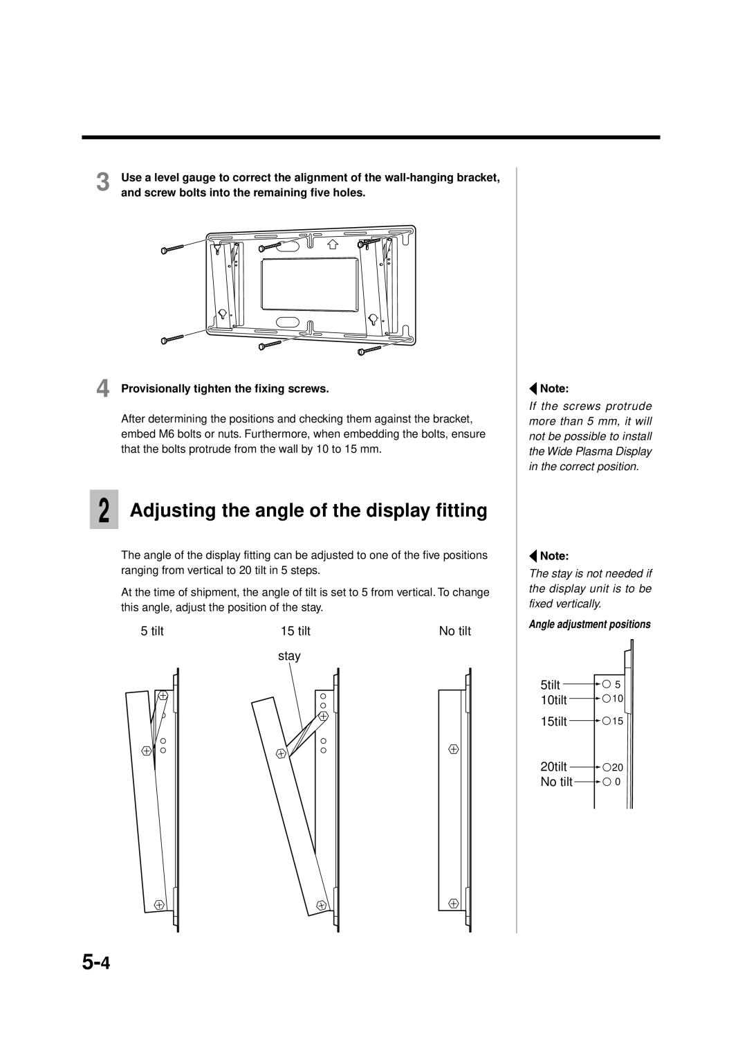 Panasonic TY-ST42PT3K Adjusting the angle of the display fitting, Tilt No tilt Stay, 5tilt 10tilt 15tilt 20tilt No tilt 