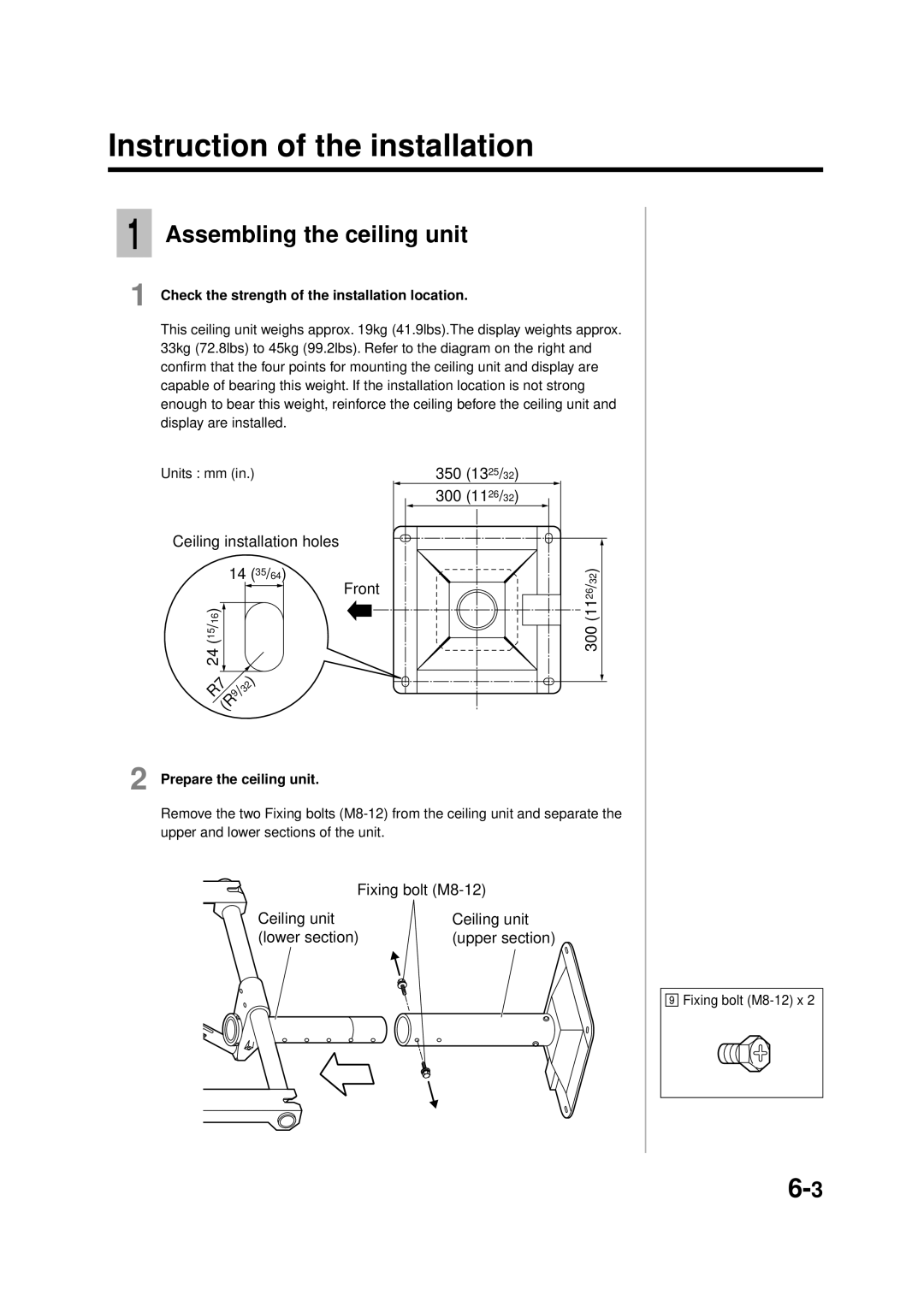 Panasonic TY-WK42PR1, TY-WK42PV1 Assembling the ceiling unit, Fixing bolt M8-12 Ceiling unit Lower section Upper section 