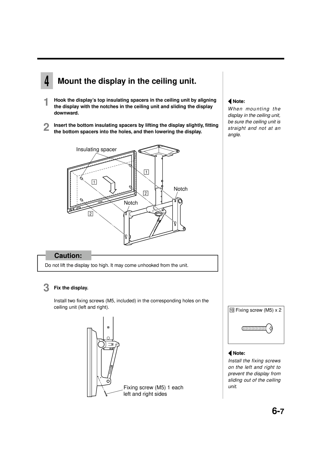 Panasonic TY-CE42PS1, TY-WK42PV1 Mount the display in the ceiling unit, Insulating spacer Notch, Downward, Fix the display 