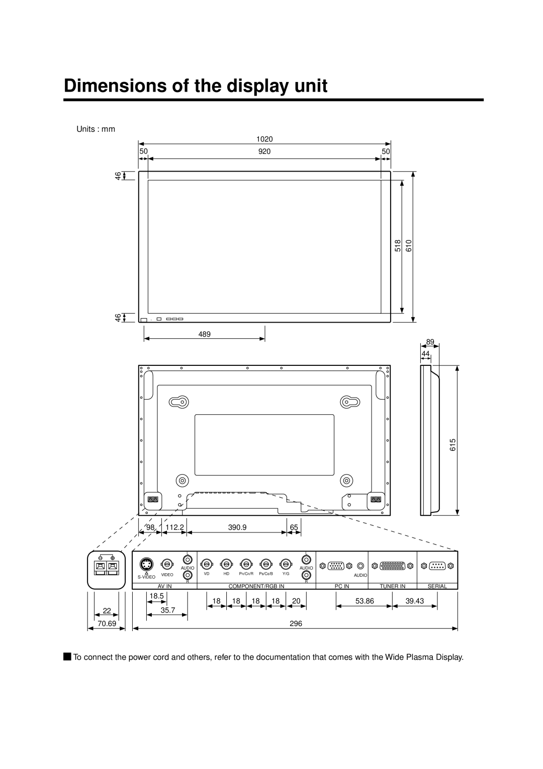 Panasonic TY-WK42PV1, TY-WK42PR1, TY-ST42PT3S, TY-ST42PW1, TY-ST42PT3K, TY-CE42PS1 Dimensions of the display unit, Units mm 