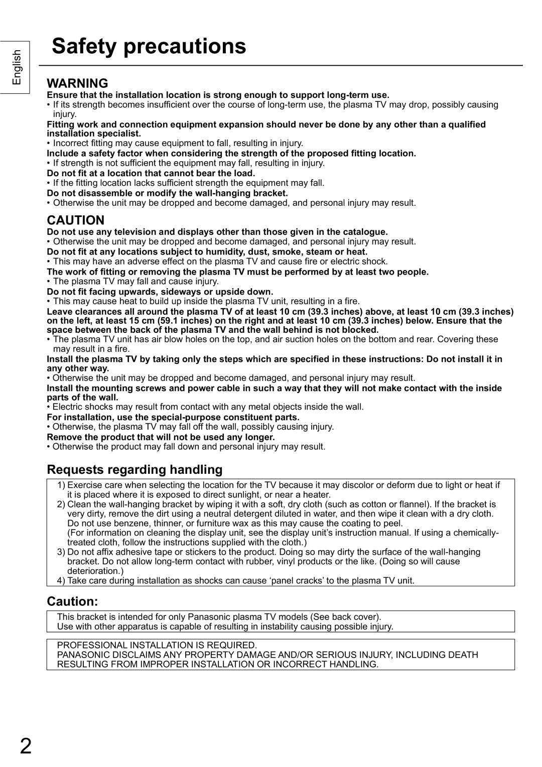 Panasonic TY-WK5P1SW manual Safety precautions, Requests regarding handling 