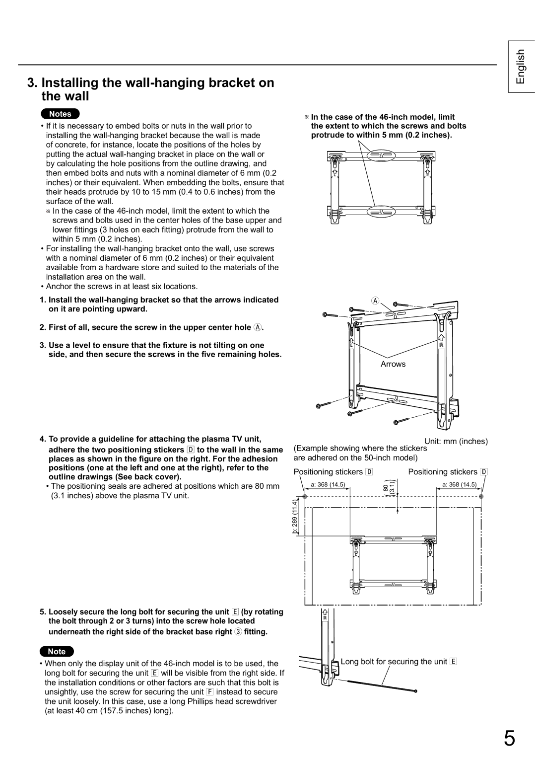 Panasonic TY-WK5P1SW Installing the wall-hanging bracket on the wall, Loosely secure the long bolt for securing the unit 