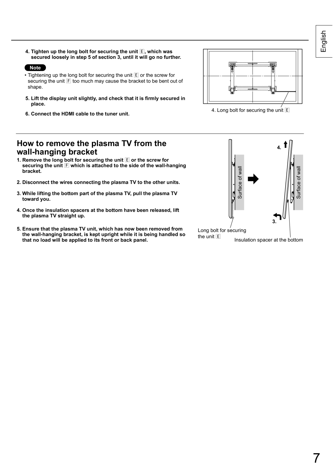 Panasonic TY-WK5P1SW manual How to remove the plasma TV from the wall-hanging bracket 