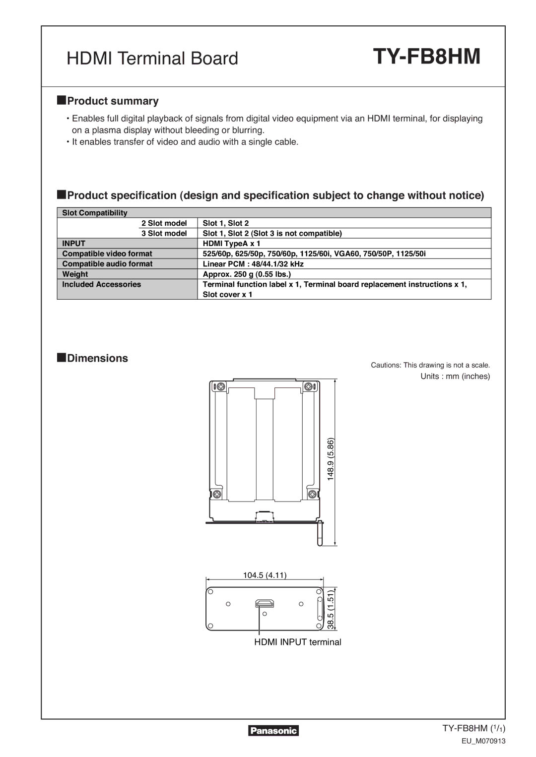 Panasonic TYFB8HM dimensions TY-FB8HM, Product summary, Dimensions, Input 