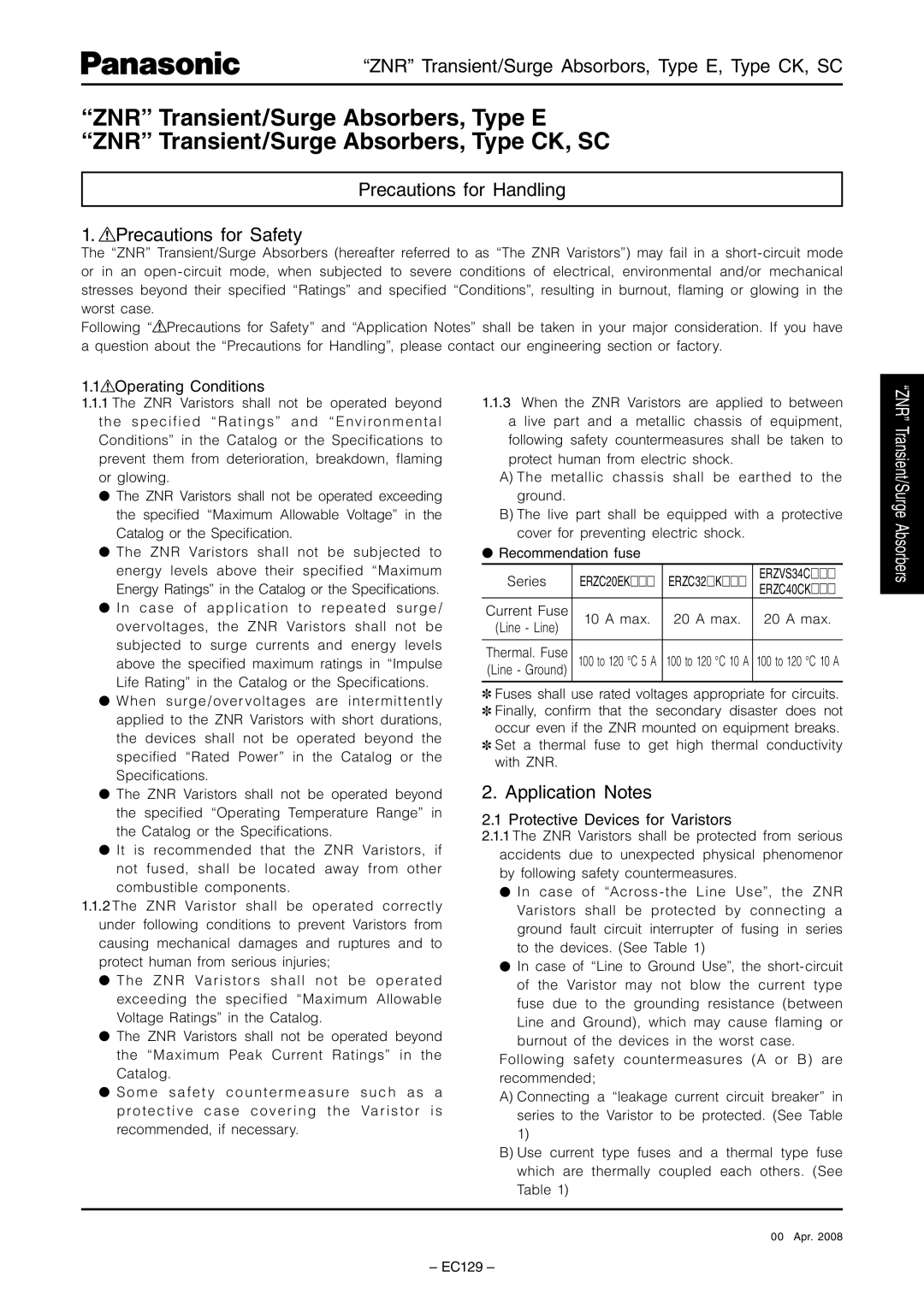 Panasonic TYPE E specifications ZNR Transient/Surge Absorbors, Type E, Type CK, SC, Application Notes 