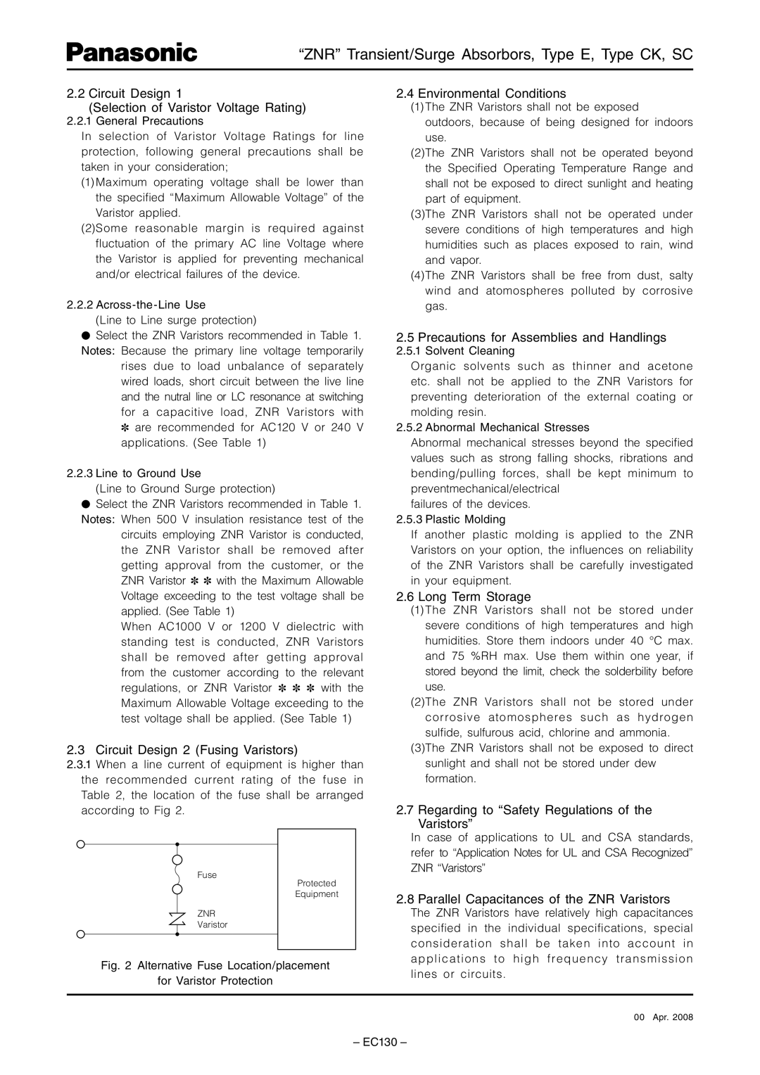 Panasonic TYPE E Circuit Design Selection of Varistor Voltage Rating, Circuit Design 2 Fusing Varistors, Long Term Storage 